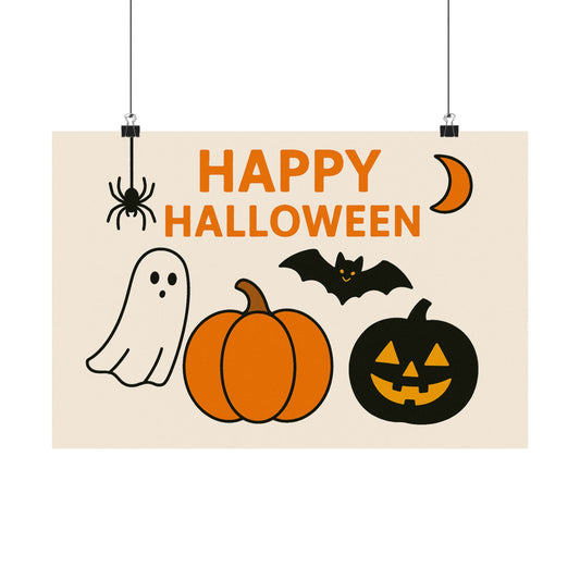 Happy Halloween Minimalist Poster – Cute Ghost, Pumpkin, Bat & Spider Wall Art | Print or Download