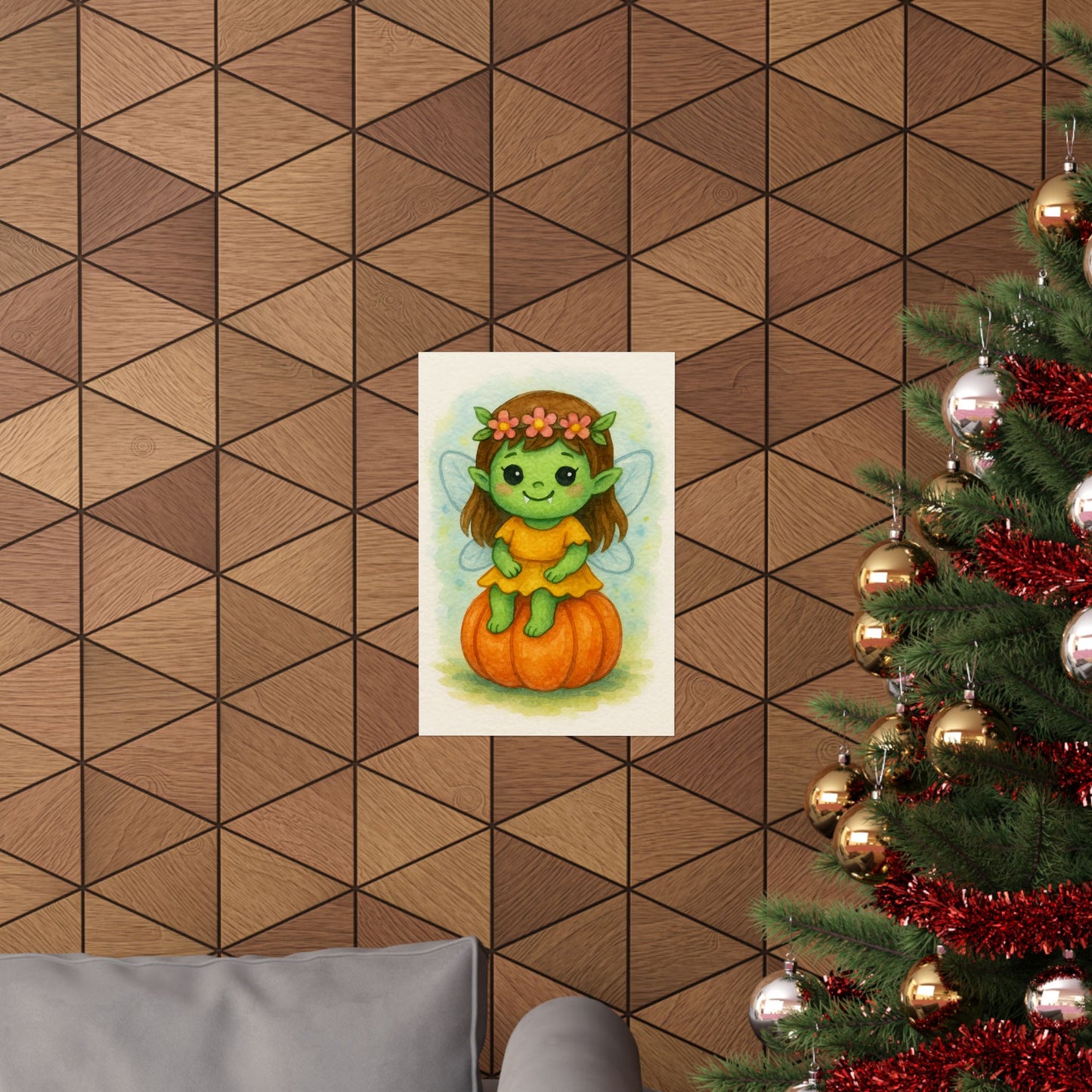 Cute Baby Fairy Monster Halloween Wall Art Poster – Watercolor Monster Print on Pumpkin – Whimsical Nursery & Holiday Decor