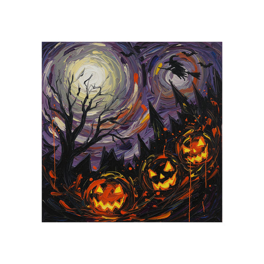 Halloween Pumpkins Fine Art Print – Post-Impressionist Haunted Night Wall Art Poster with Witch & Full Moon