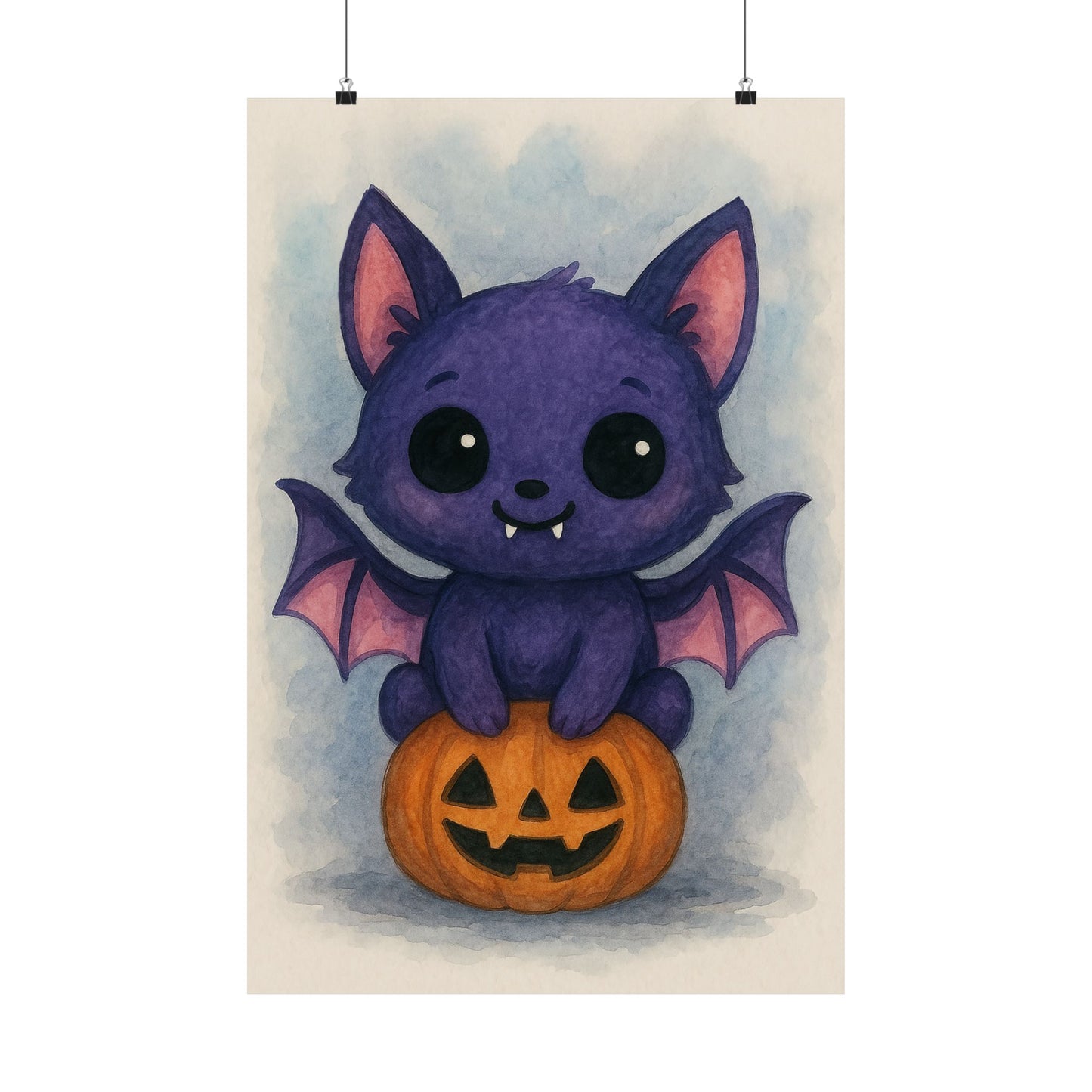 Cute Baby Bat Halloween Wall Art Poster – Watercolor Monster Print on Pumpkin – Whimsical Nursery & Holiday Decor