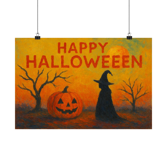 Happy Halloween Witch & Pumpkin Poster – Spooky Wall Art, Halloween Spooky Art, Autumn Home Decor