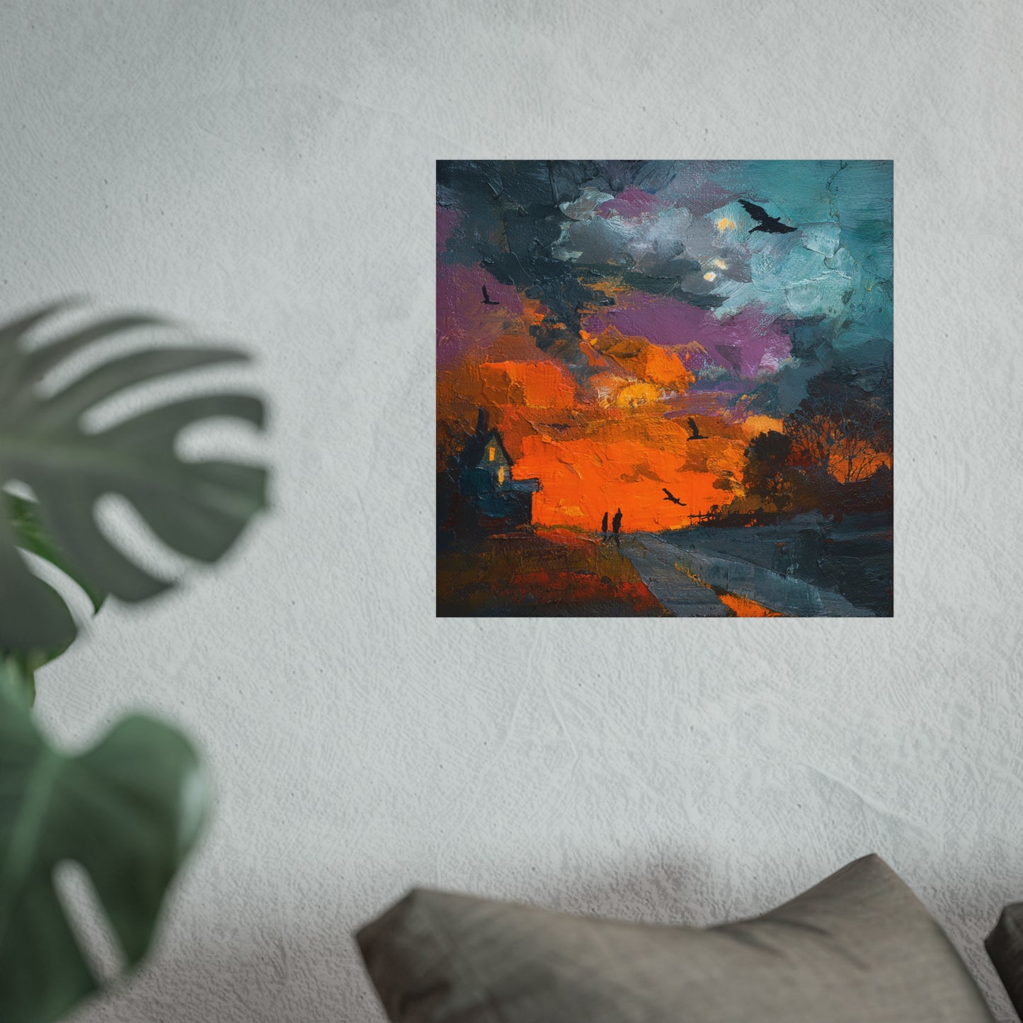 Halloween Haunted House Abstract Fine Art Print – Spooky Crow Sunset Painting, Autumn Wall Decor Poster, Gothic Fall Artwork