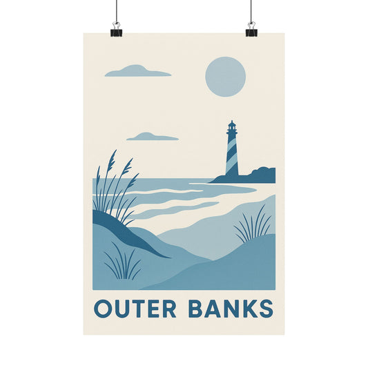 Outer Banks Poster – Blue Tones - Retro North Carolina Travel Wall Art, Coastal Lighthouse Print, Vintage Beach Decor