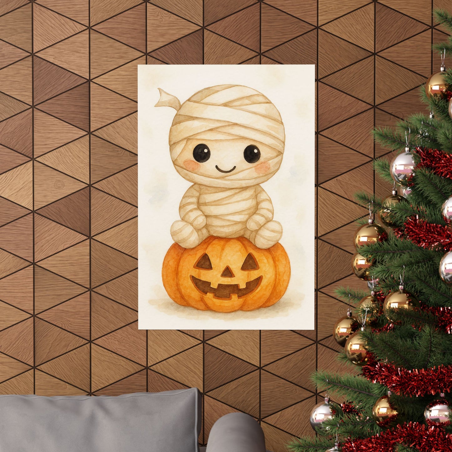 Cute Baby Mummy Monster Halloween Wall Art Poster – Watercolor Monster Print on Pumpkin – Whimsical Nursery & Holiday Decor
