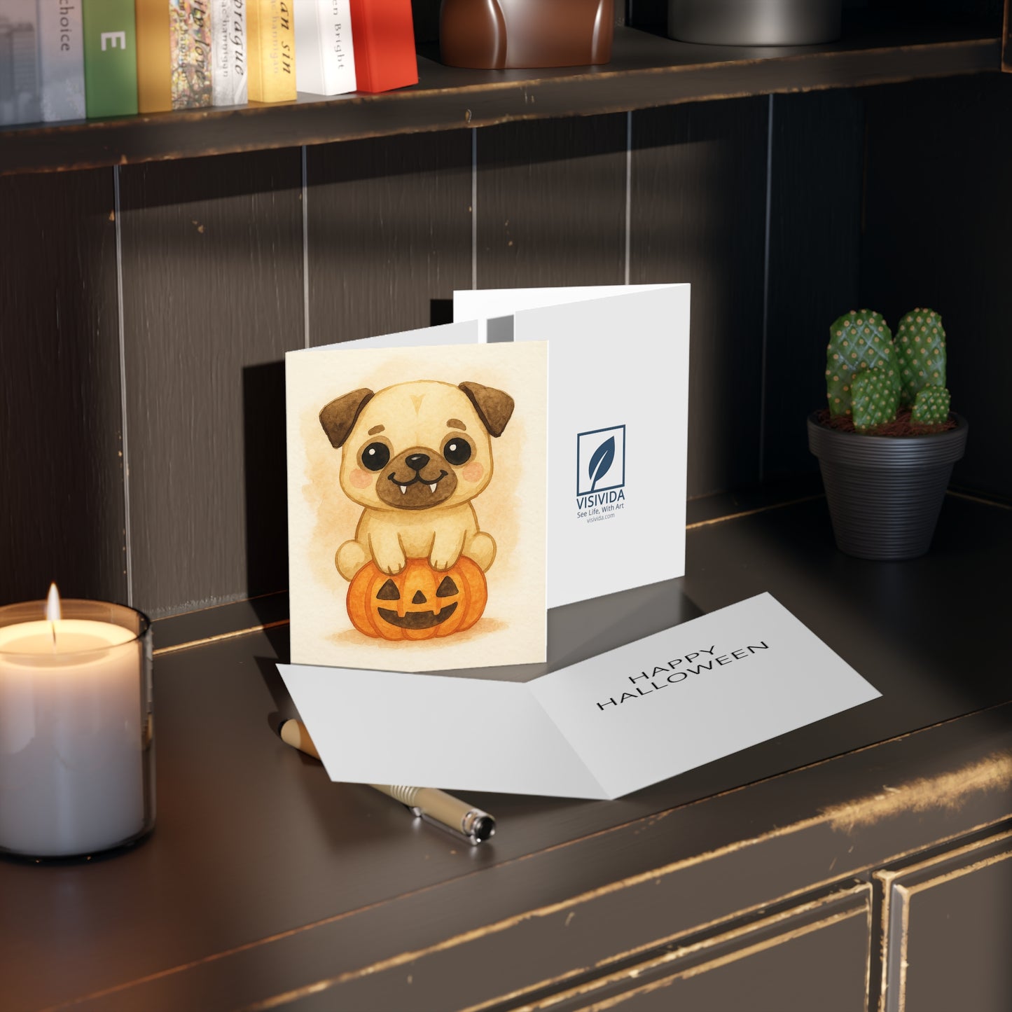 Halloween Pug Puppy Greeting Card – Cute Puppy Monster on Pumpkin – Spooky Cute Monster Card for Dog Lovers
