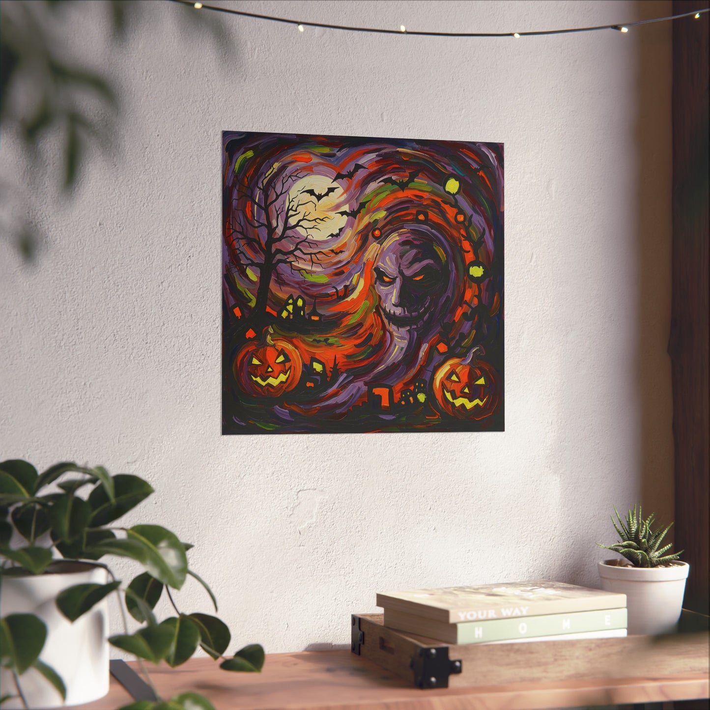Halloween Abstract Expressionist Fine Art Print β Spooky Skull & Pumpkin Wall Art Poster, Haunted Night Decor with Bats and Full Moon