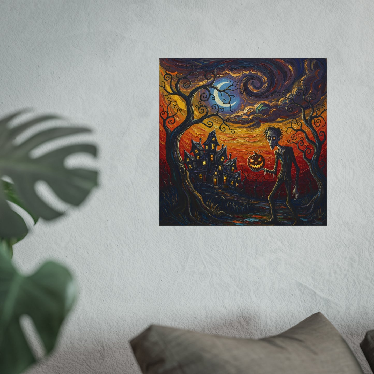 Halloween Haunted House Abstract Expressionist Fine Art Print – Spooky Pumpkin Head Character Wall Art Poster, Gothic Autumn Decor