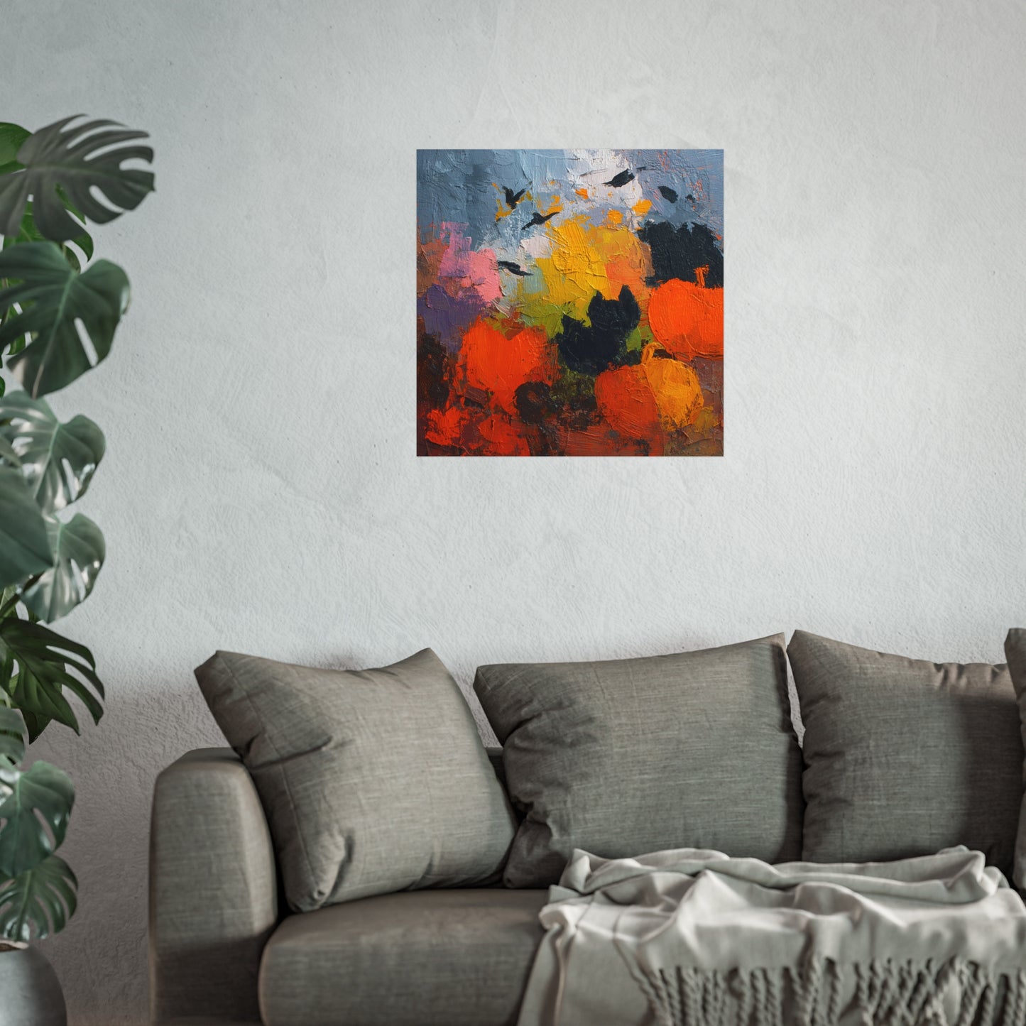 Abstract Halloween Black Cat & Pumpkin Poster – Modern Fine Art Fall Wall Décor
