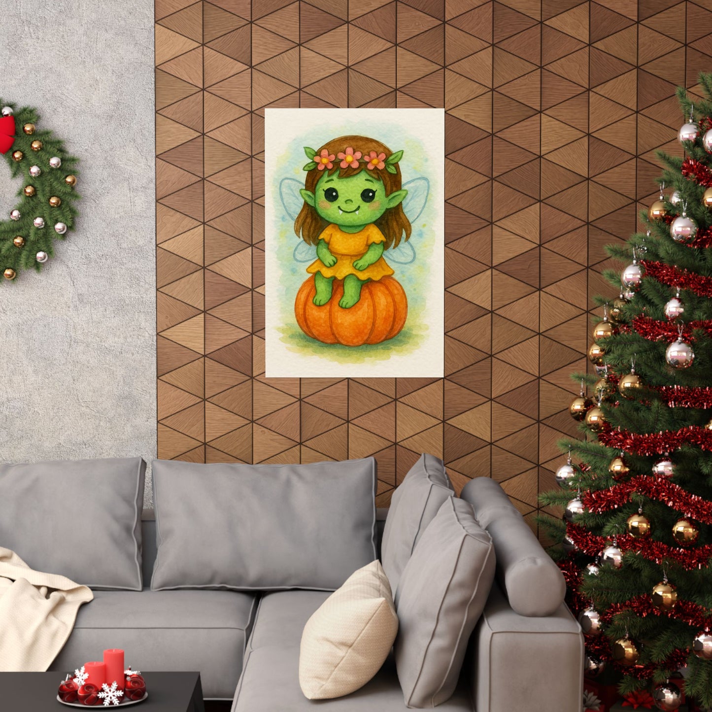 Cute Baby Fairy Monster Halloween Wall Art Poster – Watercolor Monster Print on Pumpkin – Whimsical Nursery & Holiday Decor