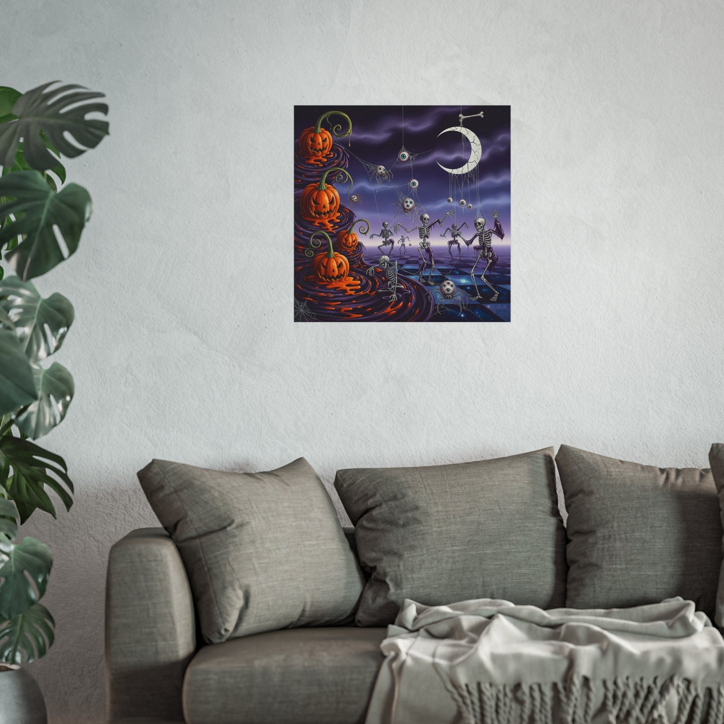 Surreal Halloween Fine Art Print – Dancing Skeletons, Melting Pumpkins & Gothic Moon Wall Art Poster, Spooky Surrealism Decor