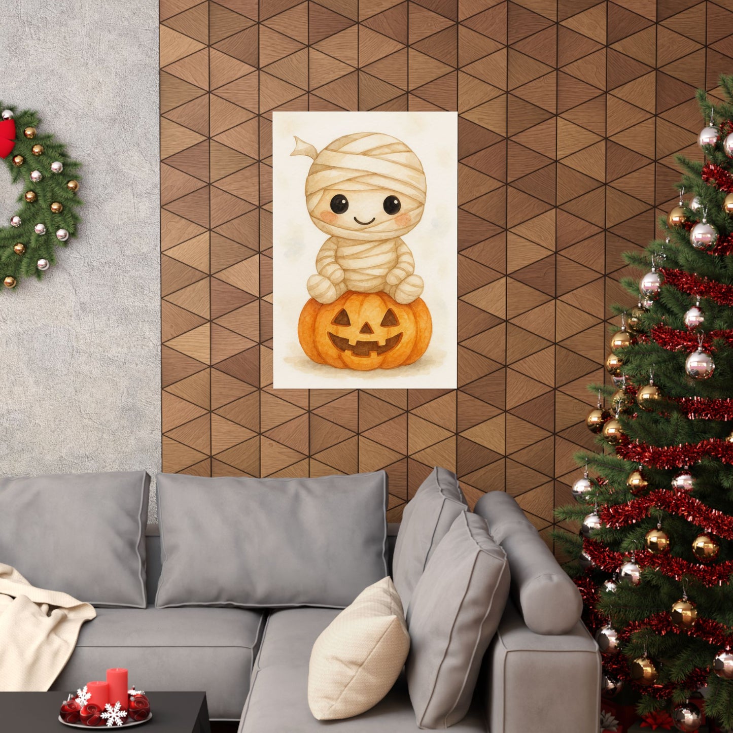 Cute Baby Mummy Monster Halloween Wall Art Poster – Watercolor Monster Print on Pumpkin – Whimsical Nursery & Holiday Decor