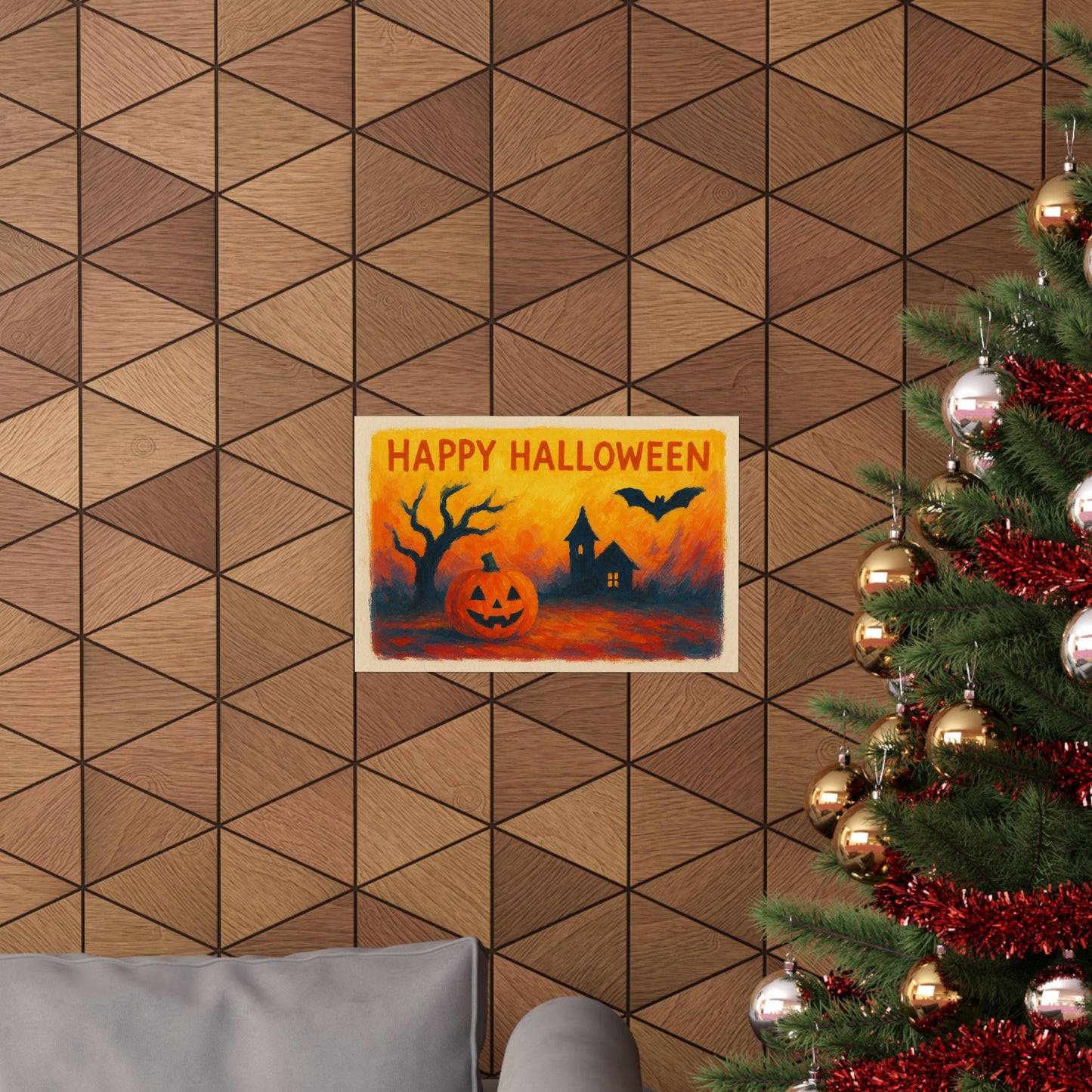 Happy Halloween Pumpkin, Bat, & Spooky House Poster – Spooky Wall Art, Halloween Spirit Decoration, Autumn Home Decor