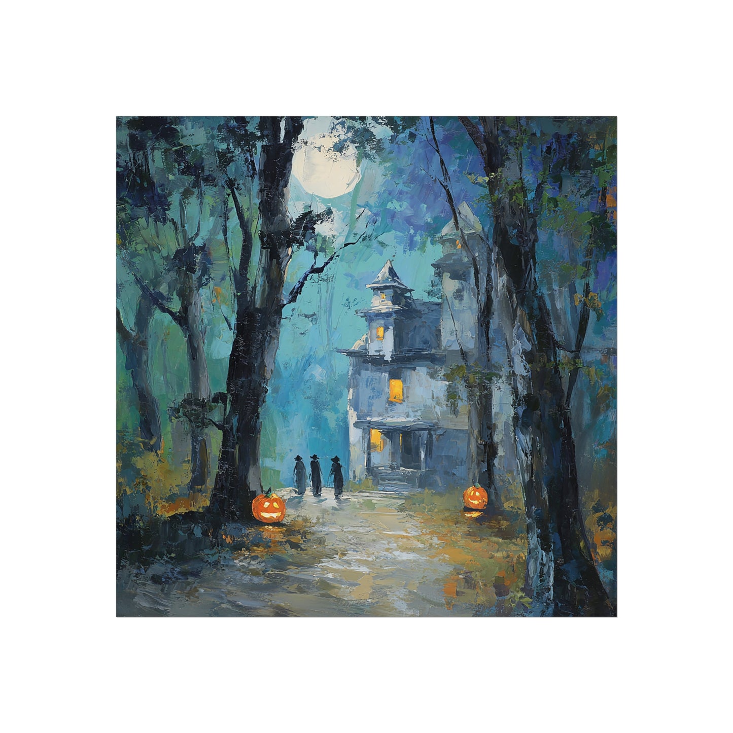 Haunted House Halloween Fine Art Poster – Spooky Jack-O’-Lanterns & Witches Wall Décor