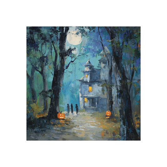 Haunted House Halloween Fine Art Poster – Spooky Jack-O’-Lanterns & Witches Wall Décor
