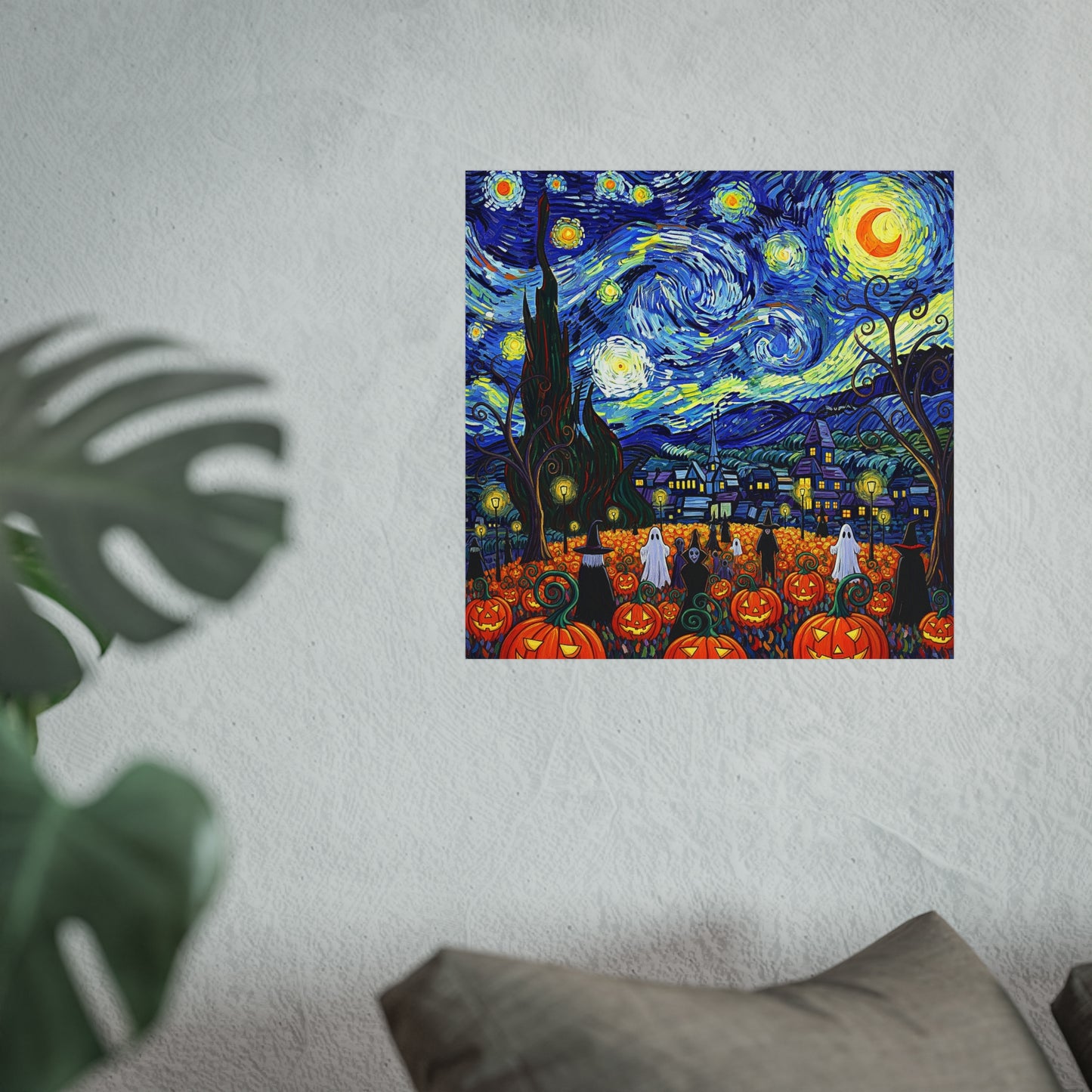 Halloween Starry Night Fine Art Print – Post-Impressionist Pumpkin Patch & Ghosts Wall Art Poster, Haunted Autumn Village Decor