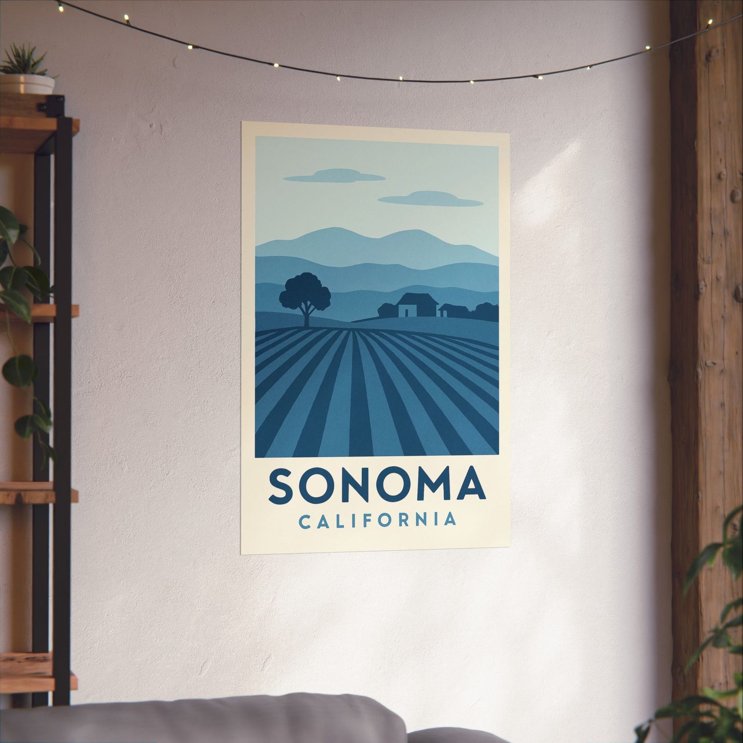 Sonoma Poster – Blue Tones - Retro Wine Country Wall Art, California Vineyard Landscape Print, Minimalist Travel Decor
