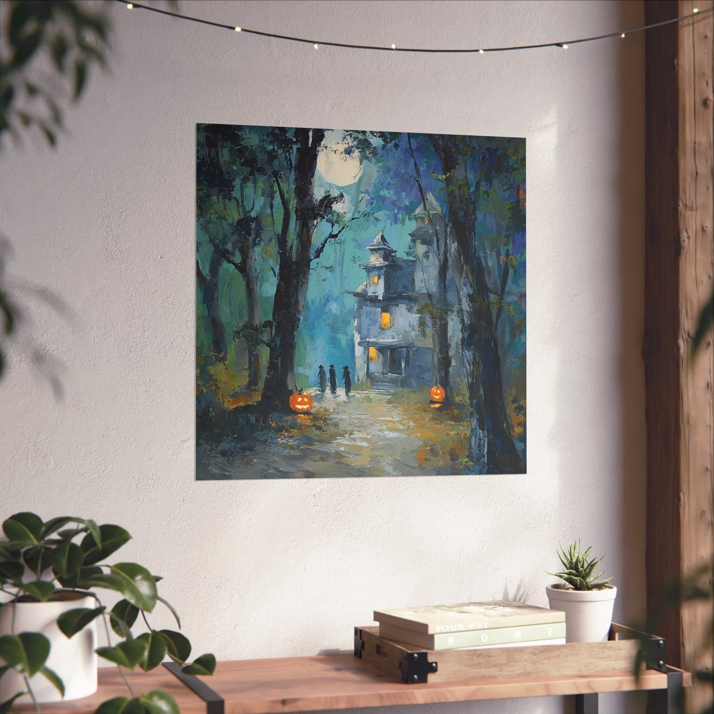Haunted House Halloween Fine Art Poster – Spooky Jack-O’-Lanterns & Witches Wall Décor