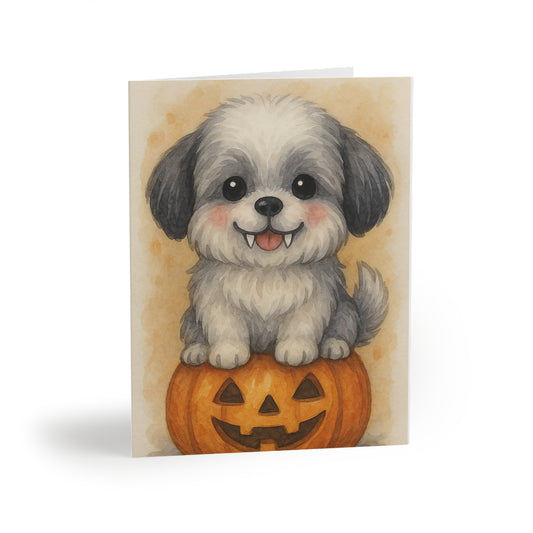 Halloween Shih Tzu Puppy Greeting Card – Cute Vampire Dog on Pumpkin – Spooky Cute Monster Card for Dog Lovers