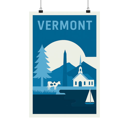 Vermont Travel Poster – Blue Tones - Retro Vintage Wall Art Print, New England Landscape, Mountain & Lake Decor