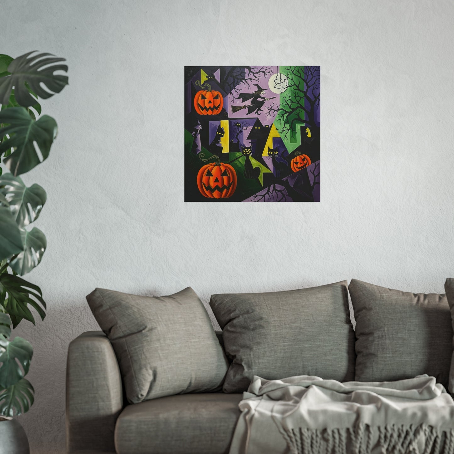 Halloween Cubist Fine Art Print – Witch, Black Cats & Pumpkins Abstract Wall Art Poster, Spooky Autumn Gothic Decor