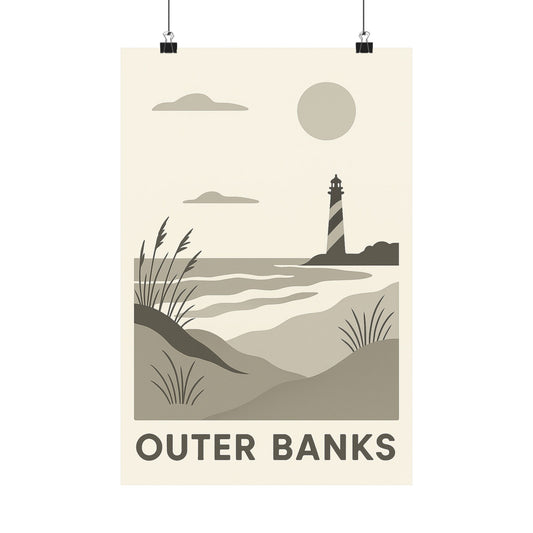 Outer Banks Poster – Grey Tones - Retro North Carolina Travel Wall Art, Coastal Lighthouse Print, Vintage Beach Decor