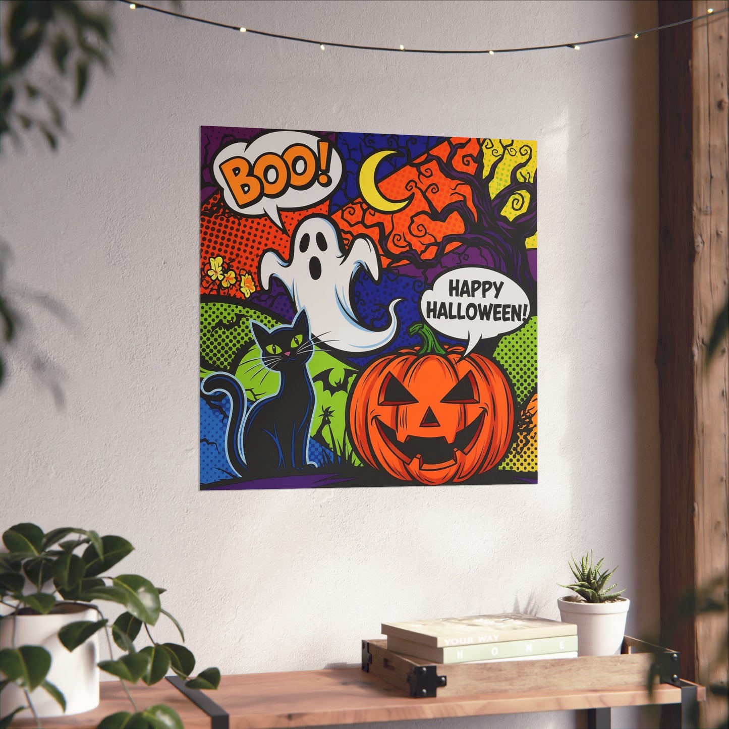 Halloween Pop Art Fine Art Print – Colorful Ghost, Black Cat & Pumpkin Wall Art Poster, Retro Comic Style Spooky Decor