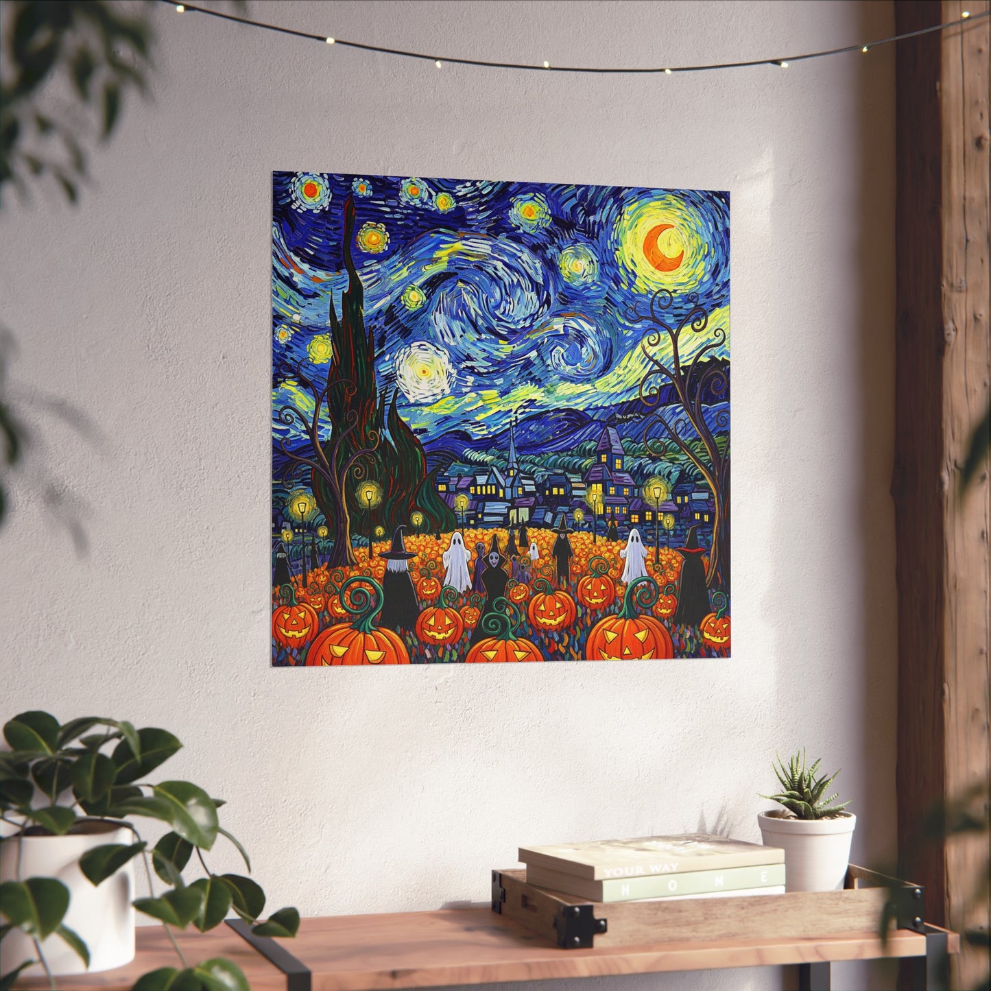 Halloween Starry Night Fine Art Print – Post-Impressionist Pumpkin Patch & Ghosts Wall Art Poster, Haunted Autumn Village Decor