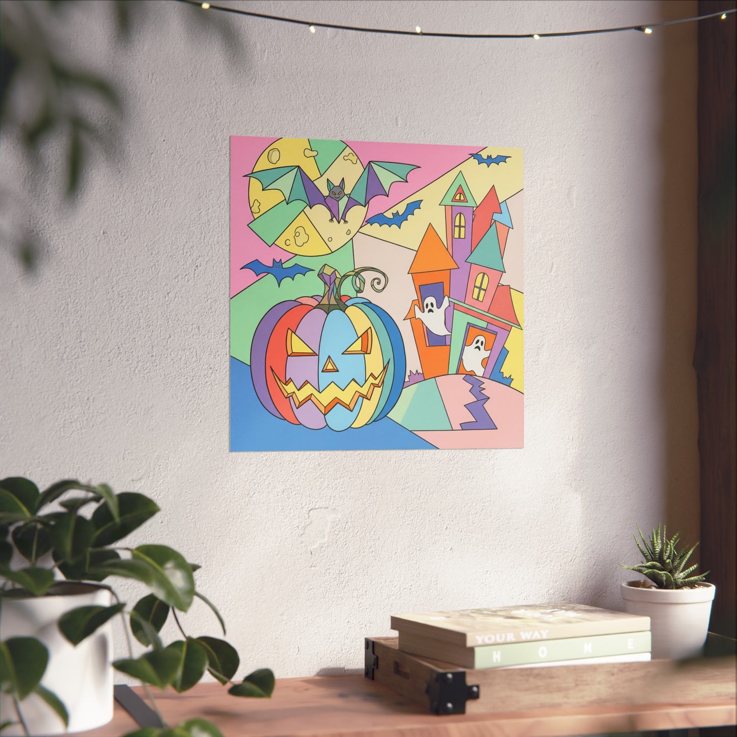 Halloween Pastel Cubist Fine Art Print – Colorful Pumpkin, Ghosts & Bats Wall Art Poster, Modern Geometric Autumn Decor