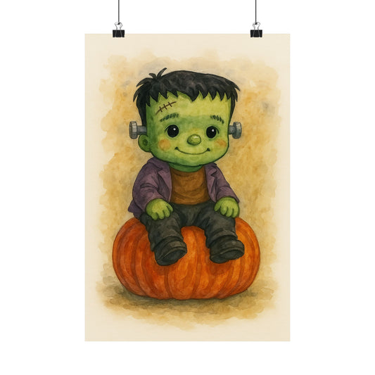 Cute Baby Frankenstein Monster Halloween Wall Art Poster – Watercolor Monster Print on Pumpkin – Whimsical Nursery & Holiday Decor