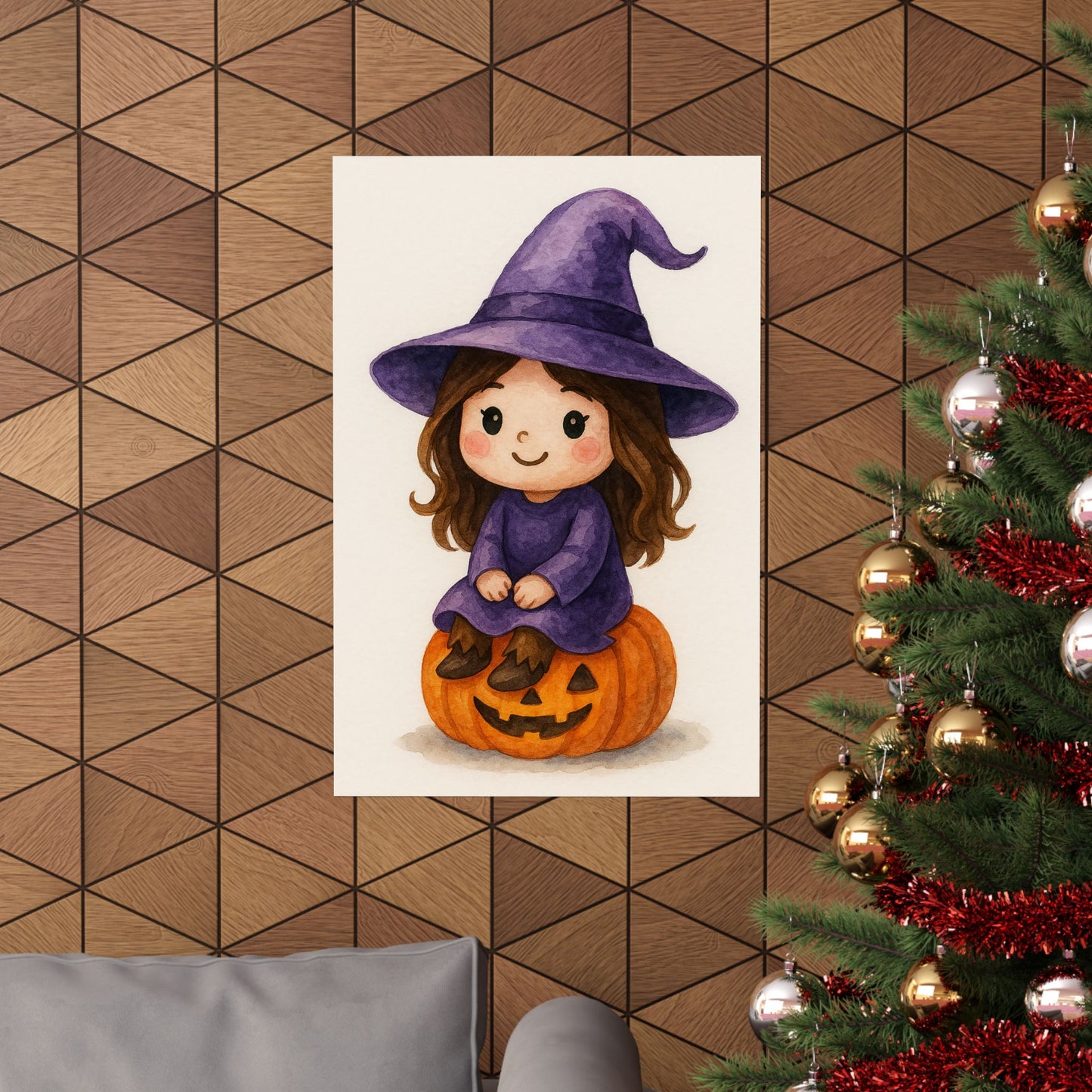 Cute Baby Witch Halloween Wall Art Poster – Watercolor Monster Print on Pumpkin – Whimsical Nursery & Holiday Decor