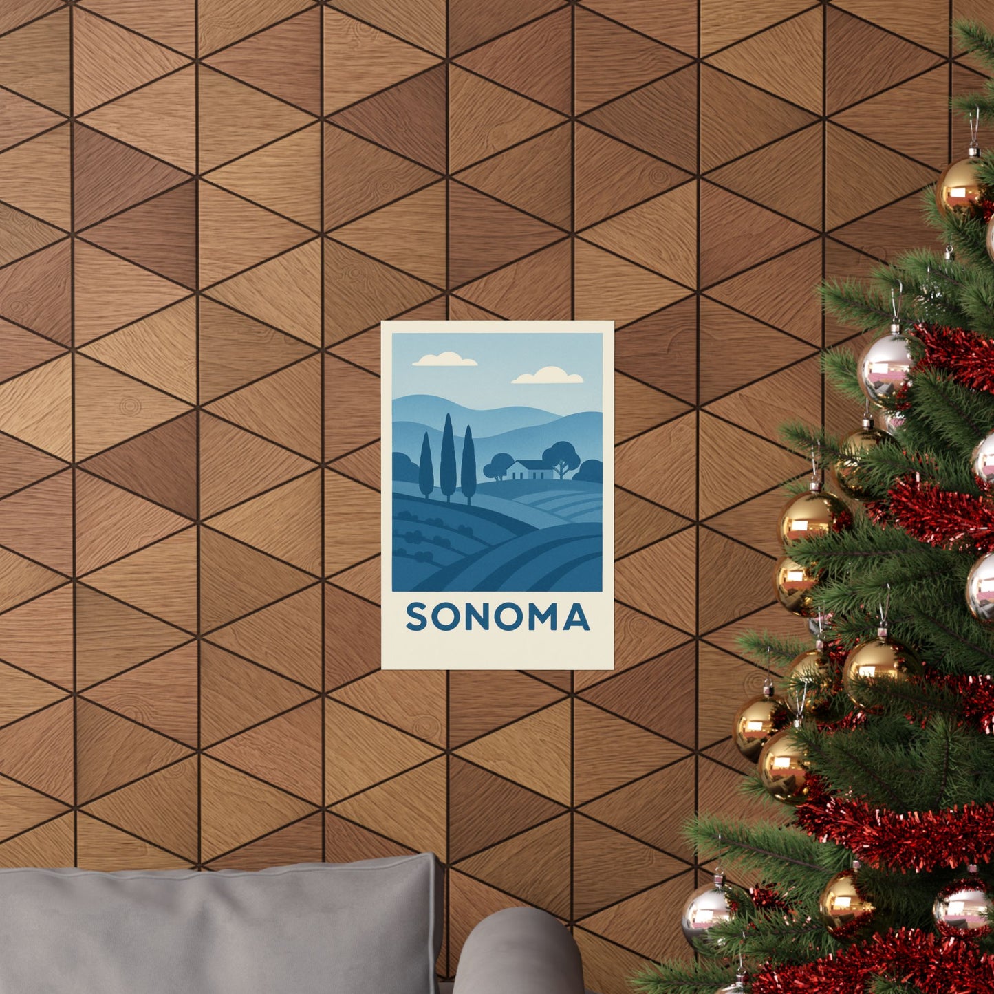 Sonoma Poster – Blue Tones - Retro Wine Country Wall Art, California Vineyard Landscape Print, Minimalist Travel Decor