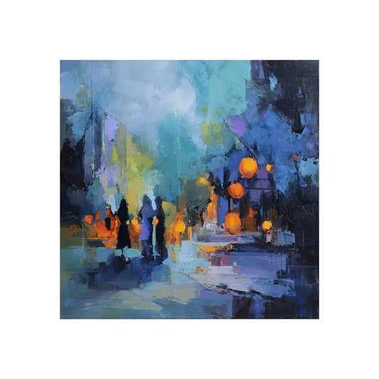 Halloween Abstract Street Scene Fine Art Print – Colorful Nighttime Pumpkin Lantern Wall Art, Spooky Autumn Decor Poster