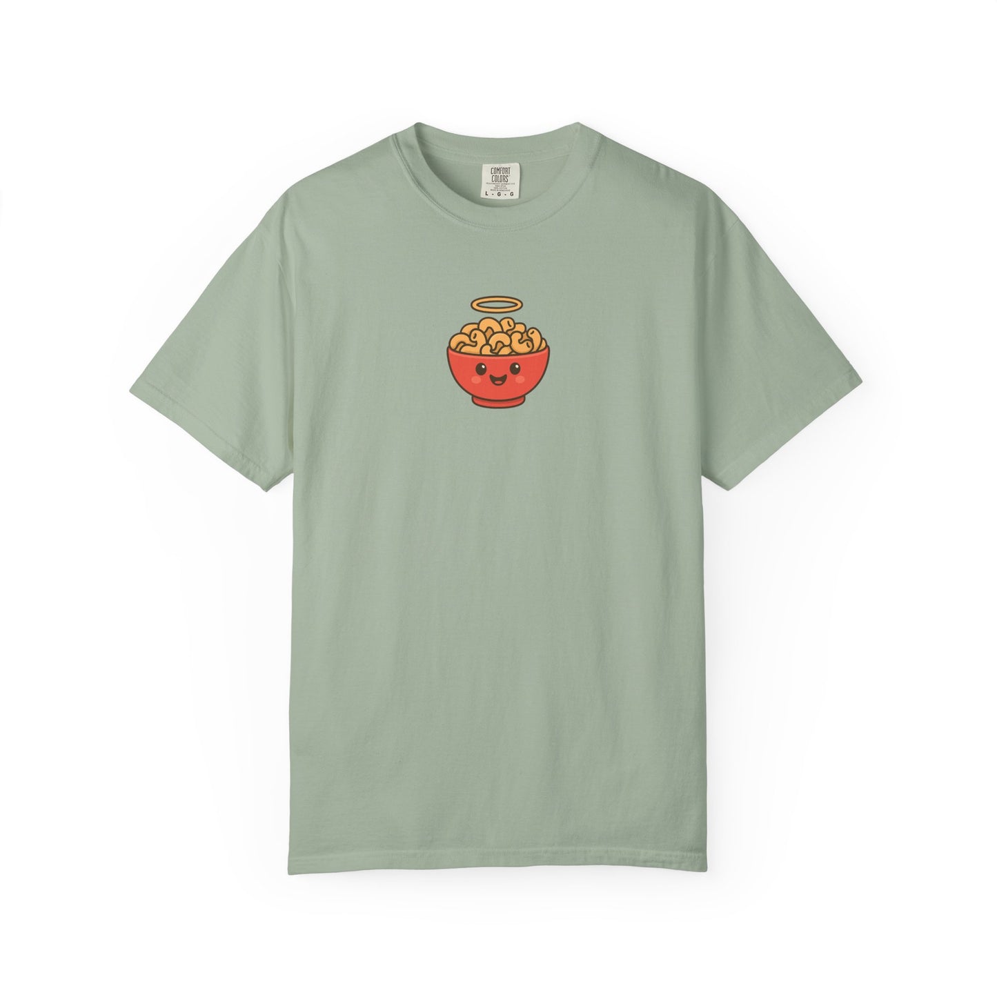 Light green t-shirt with a graphic of a bowl of cereal on a white background