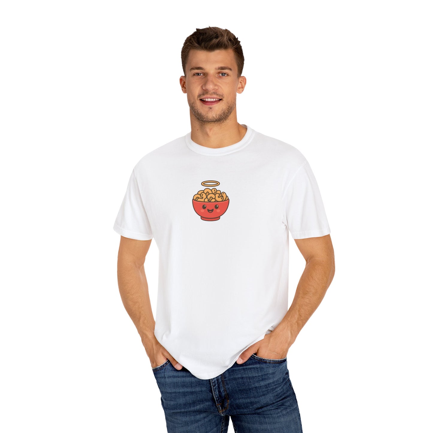 Man wearing a white t-shirt with a graphic design on a white background