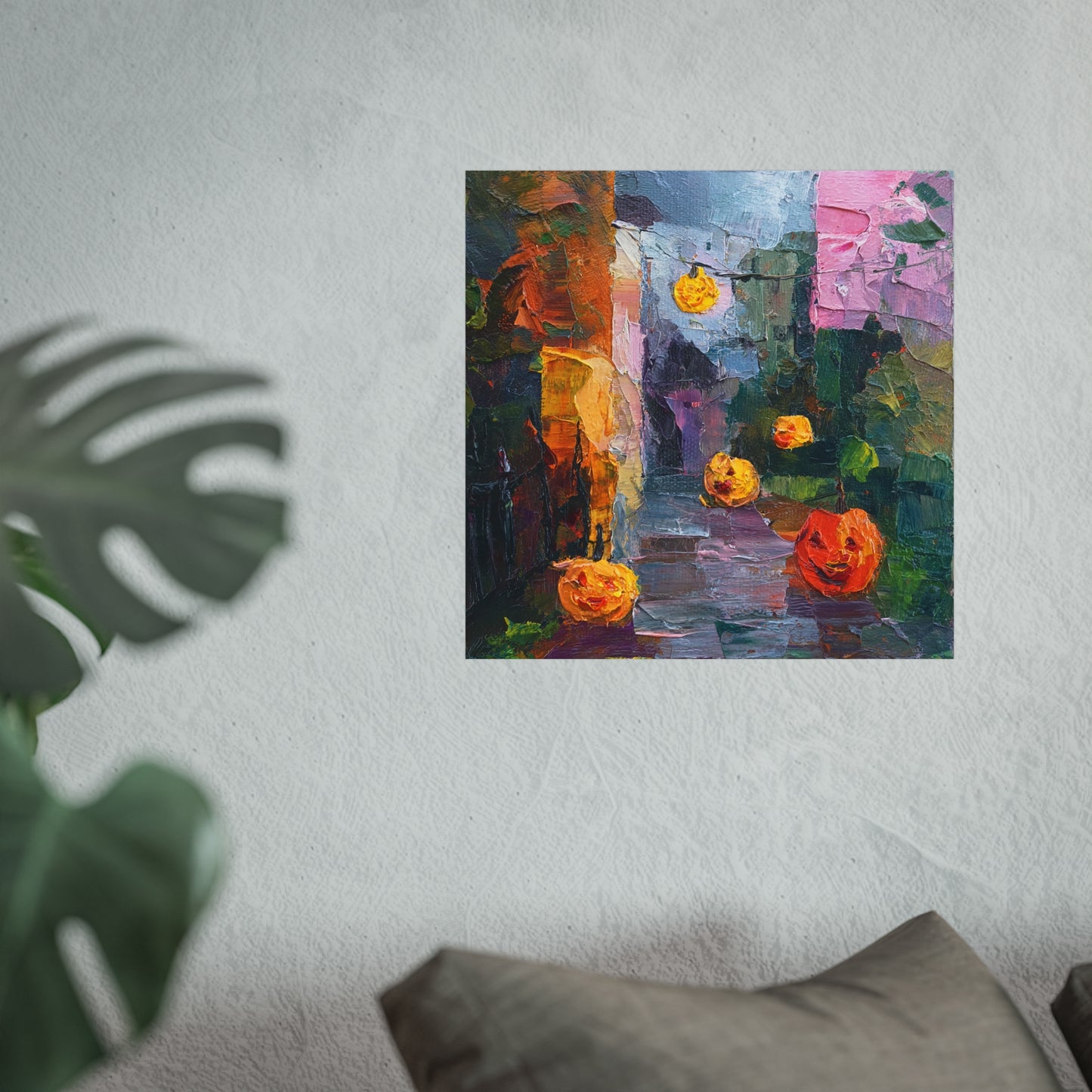 Halloween Pumpkin Abstract Fine Art Print – Colorful Street Scene Wall Art Poster, Modern Autumn Home Decor
