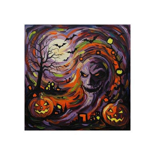 Halloween Abstract Expressionist Fine Art Print – Spooky Skull & Pumpkin Wall Art Poster, Haunted Night Decor with Bats and Full Moon