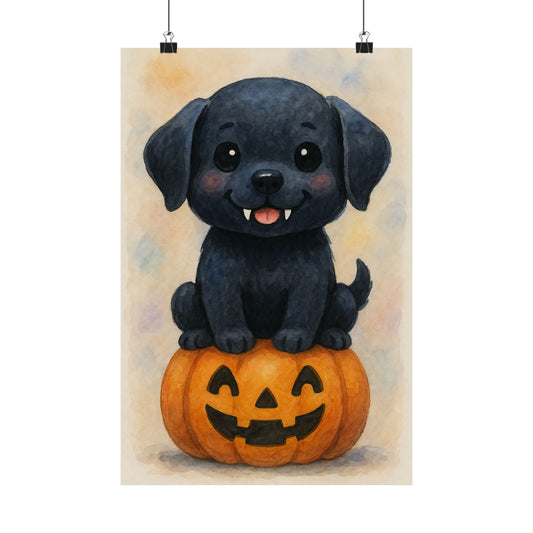 Cute Halloween Puppy Monster Print – Black Lab Puppy on Jack-o’-Lantern Pumpkin | Watercolor Dog Wall Art for Fall & Halloween Décor