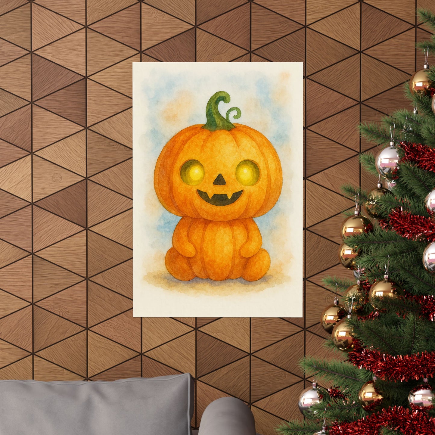 Cute Baby Pumpkin Monster Halloween Wall Art Poster – Watercolor Monster Print on Pumpkin – Whimsical Nursery & Holiday Decor