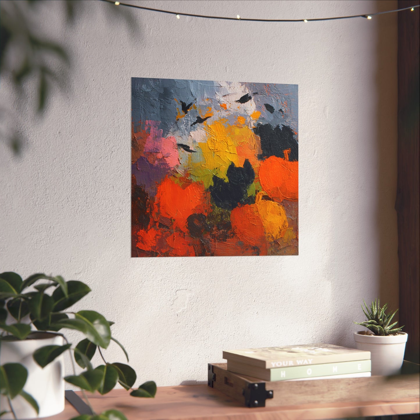 Abstract Halloween Black Cat & Pumpkin Poster – Modern Fine Art Fall Wall Décor