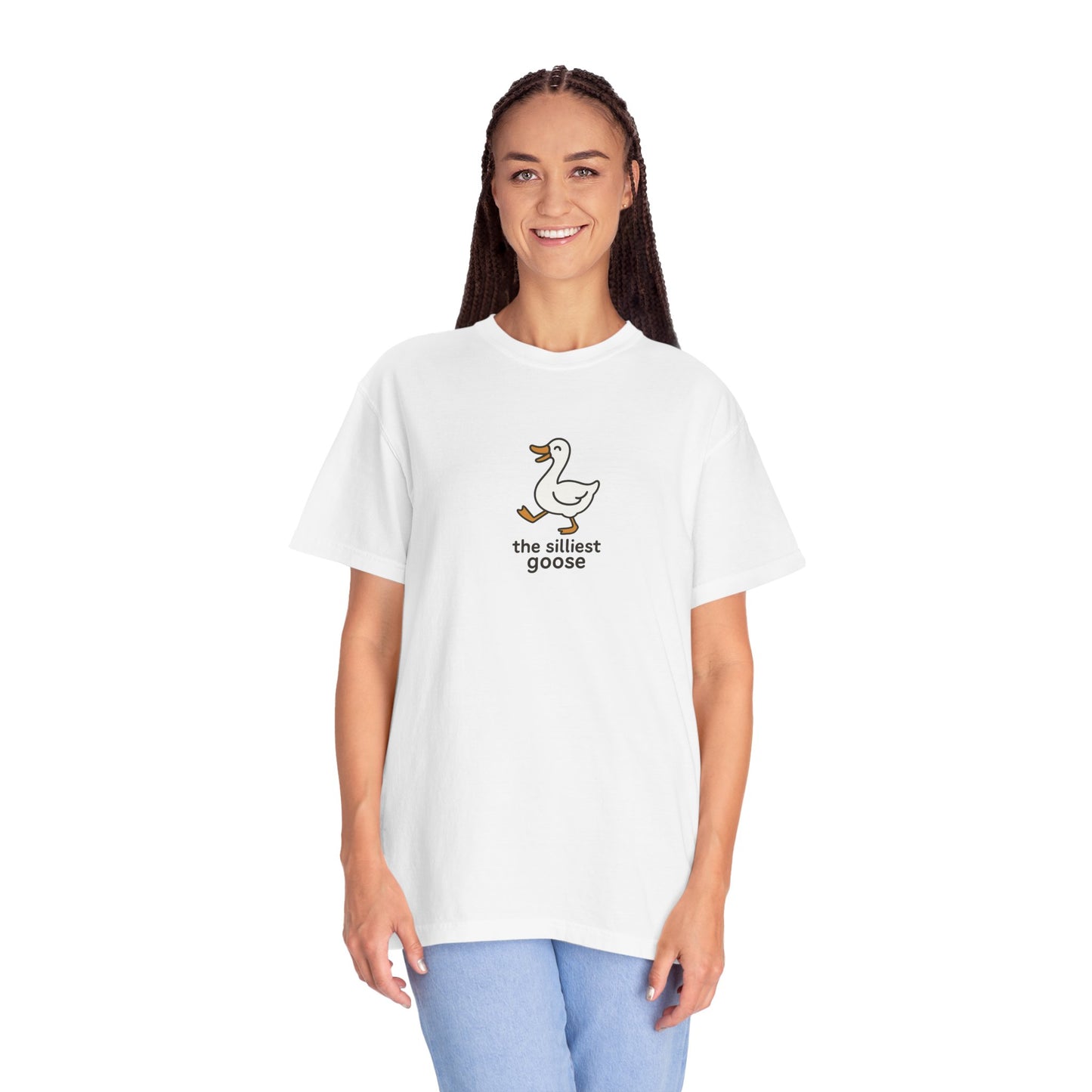 Person wearing a white t-shirt with a logo and text on a white background