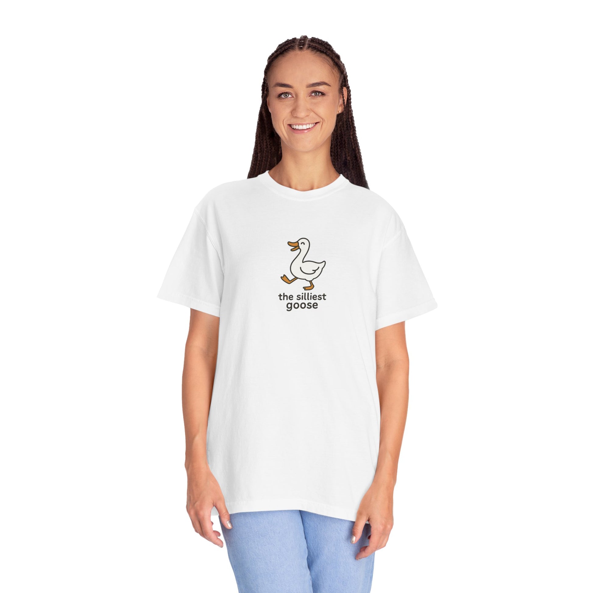 Person wearing a white t-shirt with a logo and text on a white background