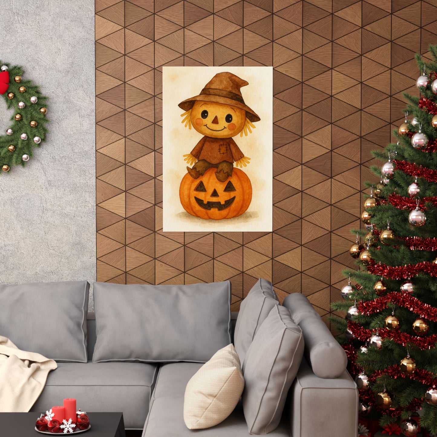 Cute Baby Scarecrow Halloween Wall Art Poster – Watercolor Monster Print on Pumpkin – Whimsical Nursery & Holiday Decor