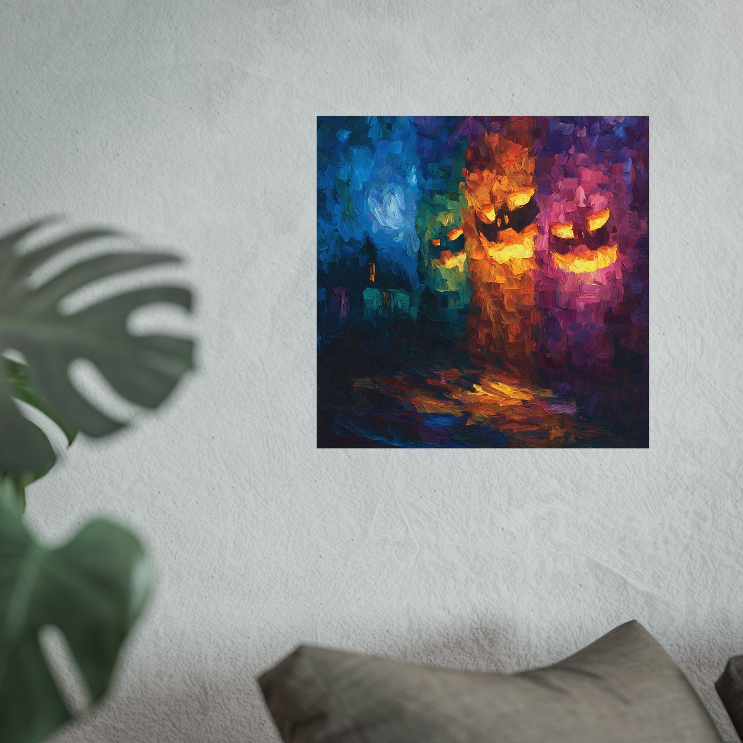 Abstract Halloween Fine Art Print – Glowing Jack-o’-Lantern Faces & Haunted House Wall Art Poster, Colorful Impressionist Decor