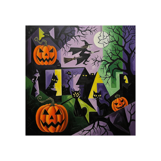 Halloween Cubist Fine Art Print – Witch, Black Cats & Pumpkins Abstract Wall Art Poster, Spooky Autumn Gothic Decor