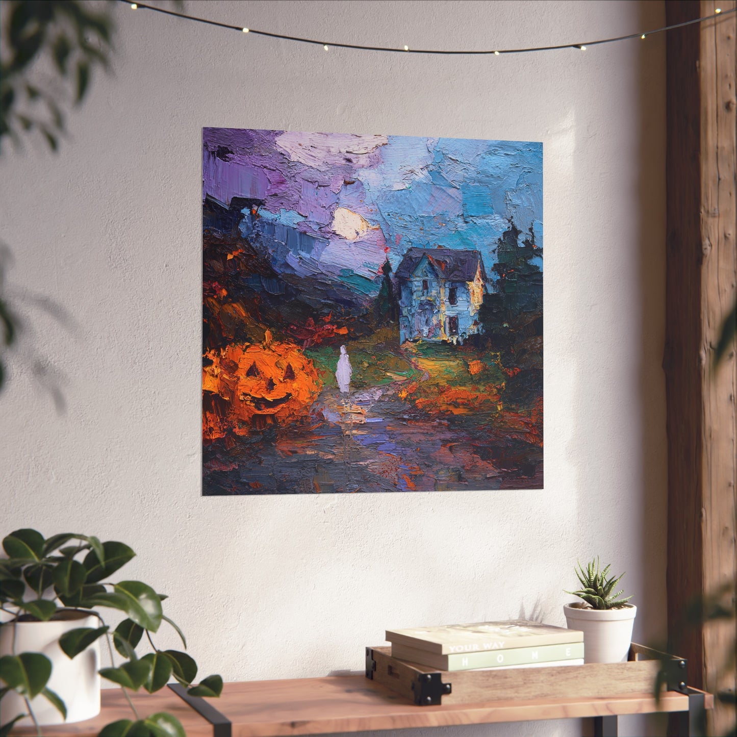 Halloween Haunted House Abstract Fine Art Print – Spooky Crow Sunset Painting, Autumn Wall Decor Poster, Gothic Fall Artwork