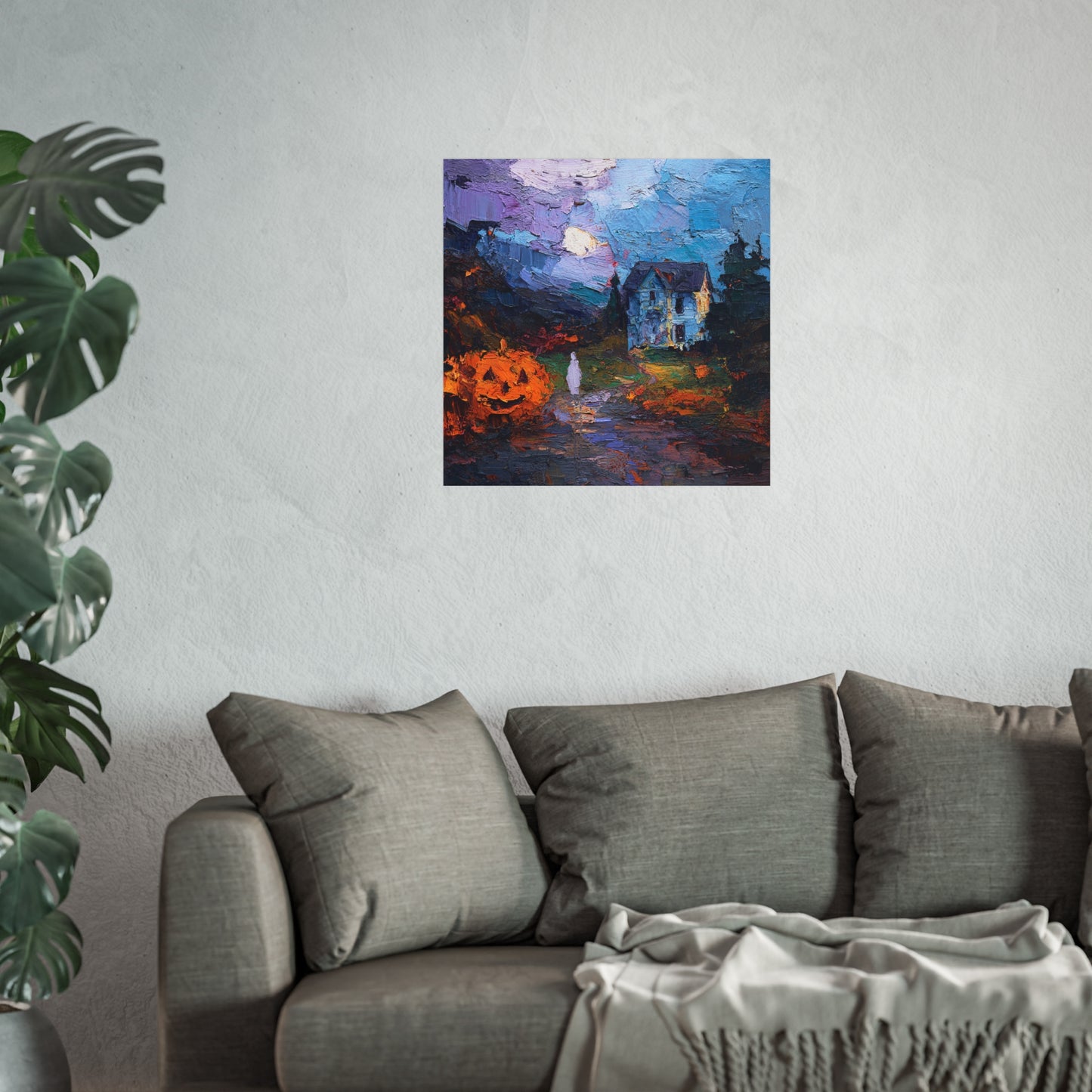 Halloween Haunted House Abstract Fine Art Print – Spooky Crow Sunset Painting, Autumn Wall Decor Poster, Gothic Fall Artwork
