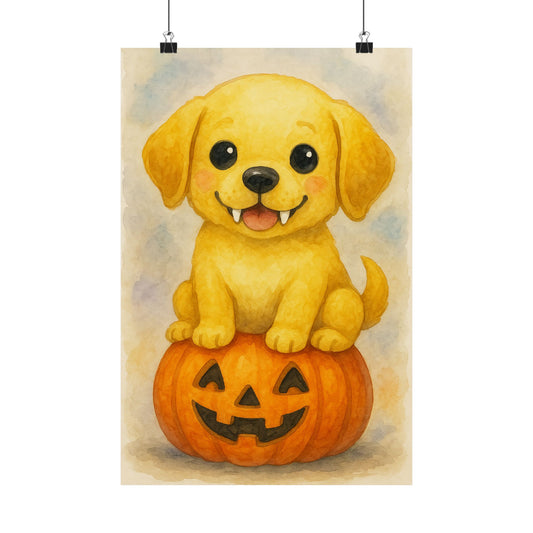 Cute Halloween Puppy Monster Print – Golden Retriever Puppy on Jack-o’-Lantern Pumpkin | Watercolor Dog Wall Art for Fall & Halloween Décor