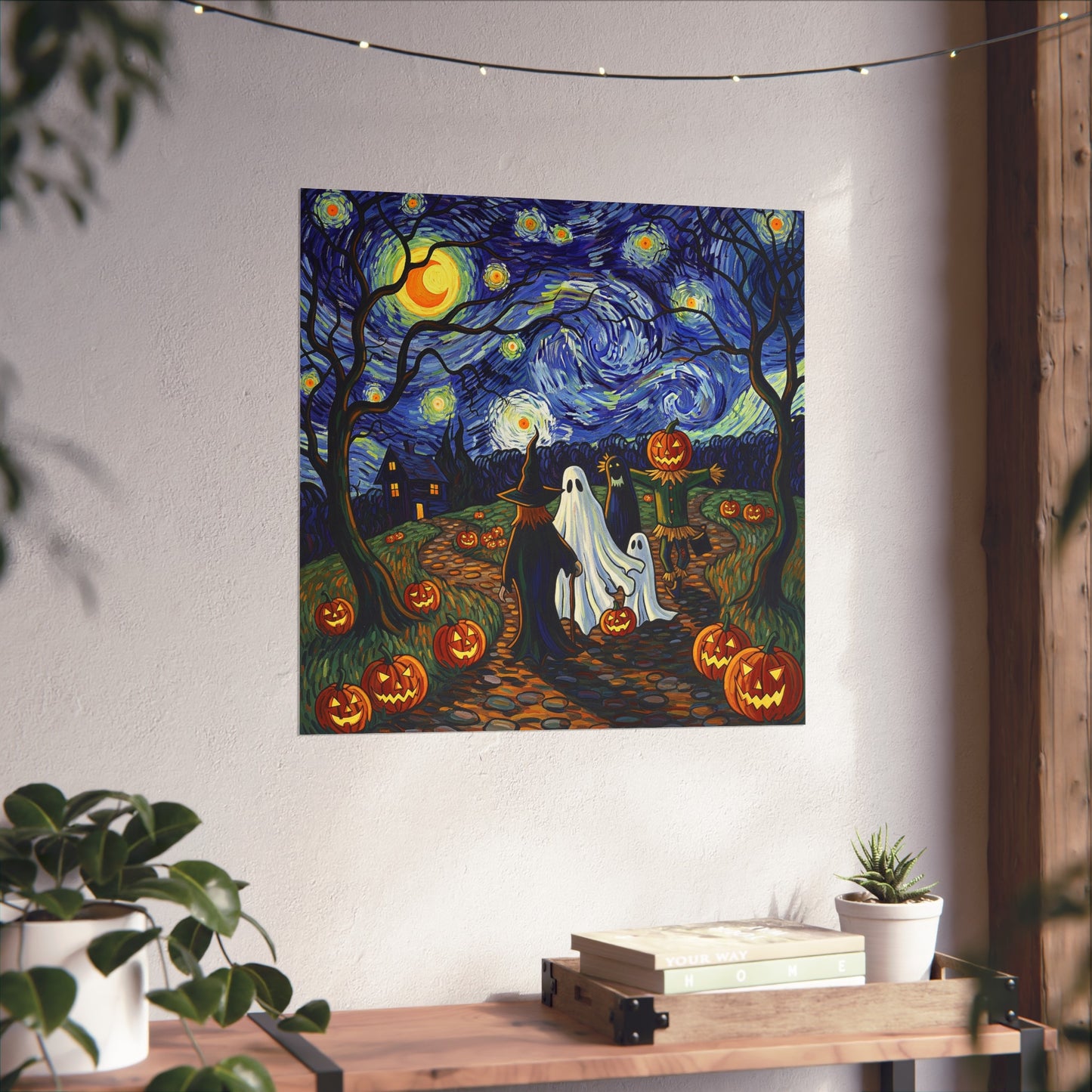 Halloween Trick-or-Treat Fine Art Poster – Post-Impressionist Witches, Ghosts & Pumpkin Lantern Wall Art