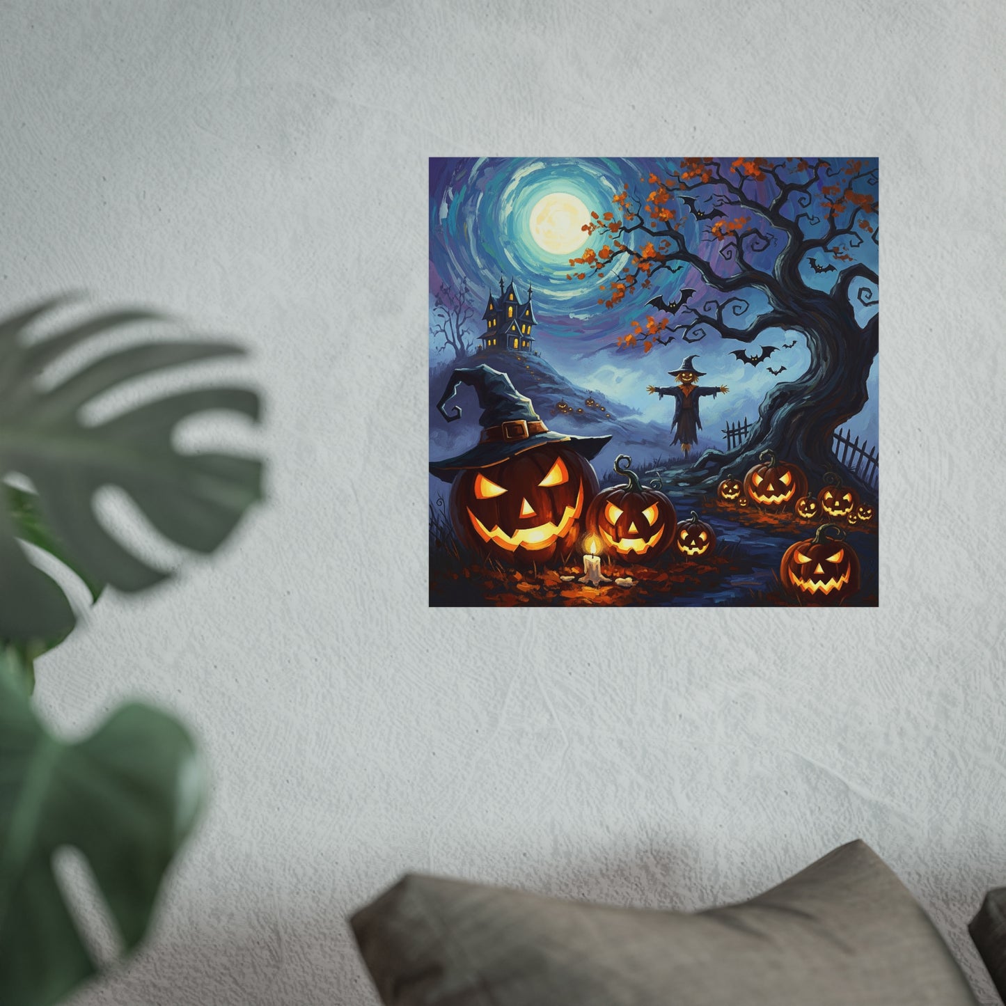 Halloween Pumpkin Patch Fine Art Print – Haunted House & Scarecrow Night Scene Wall Art Poster, Painterly Gothic Autumn Decor