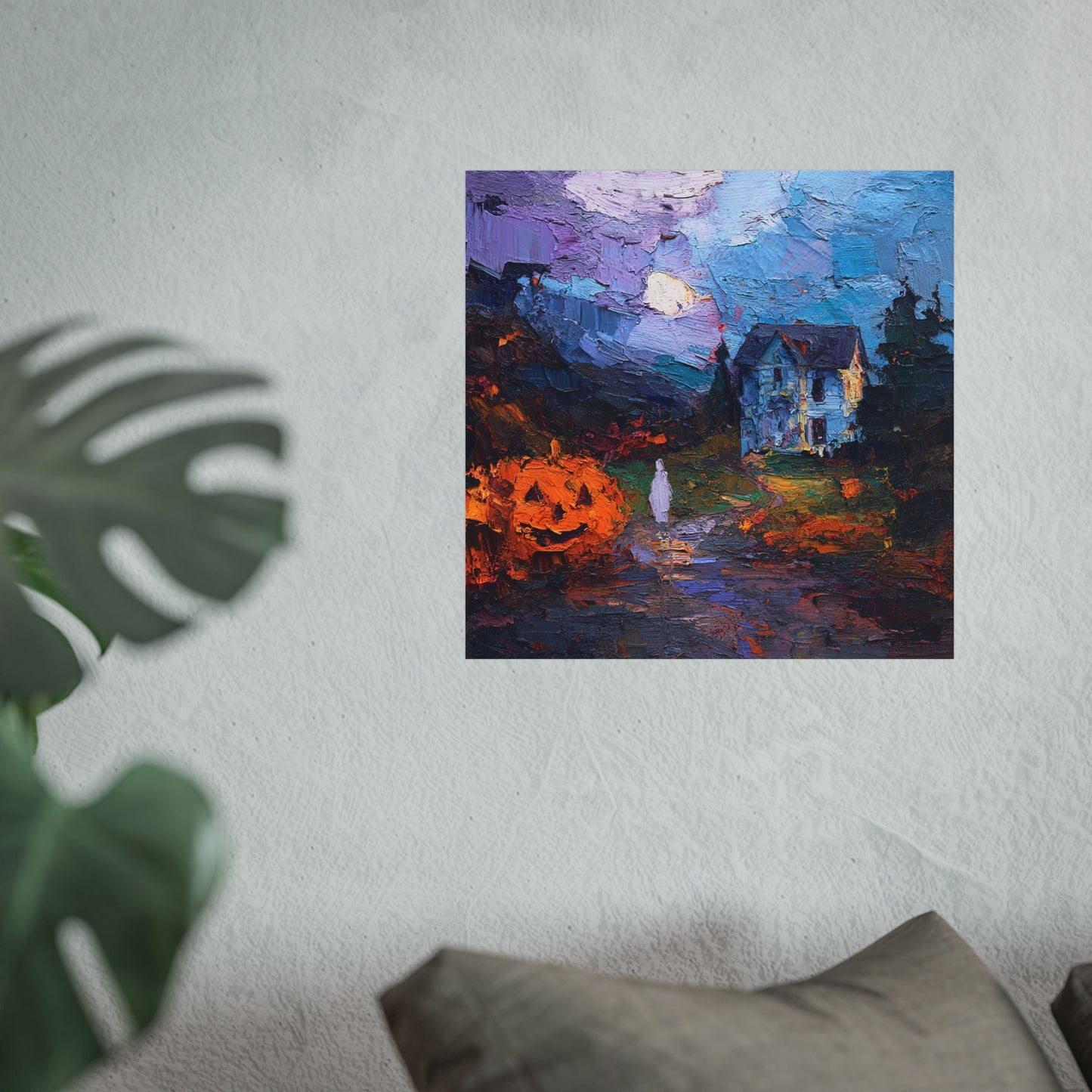 Halloween Haunted House Abstract Fine Art Print – Spooky Crow Sunset Painting, Autumn Wall Decor Poster, Gothic Fall Artwork
